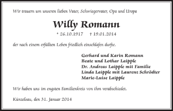 Traueranzeige von Willy Roman 