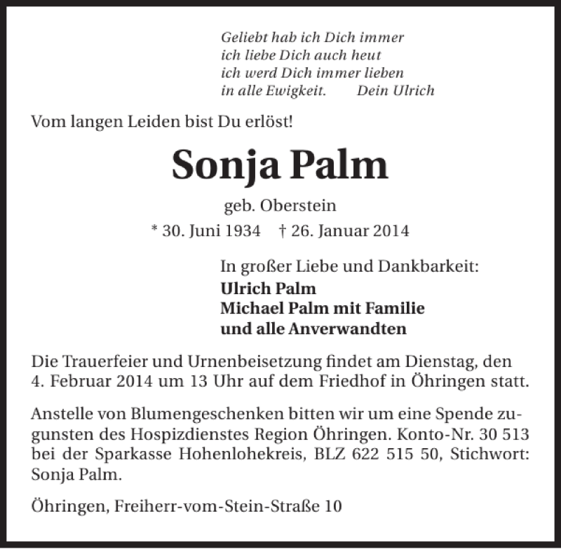 Traueranzeige für Sonja Palm vom 31.01.2014 aus 