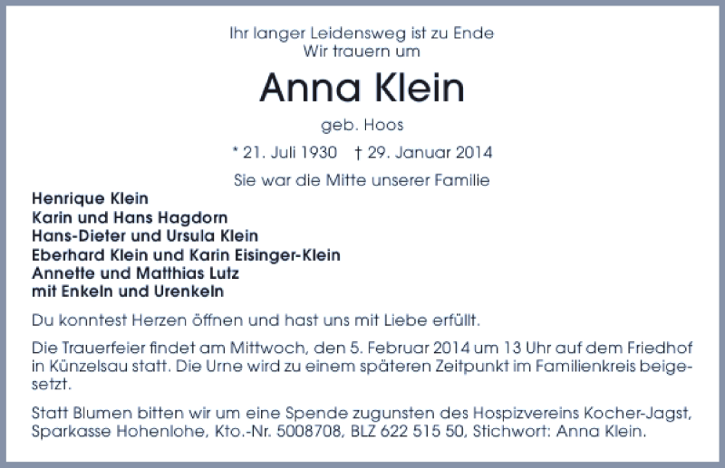  Traueranzeige für Anna KLein vom 31.01.2014 aus 