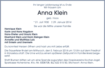 Traueranzeige von Anna KLein 