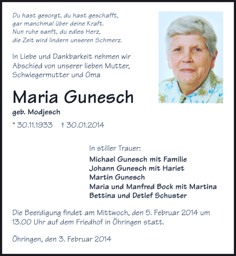 Traueranzeigen von Maria Gunesch www.trauerundgedenken.de