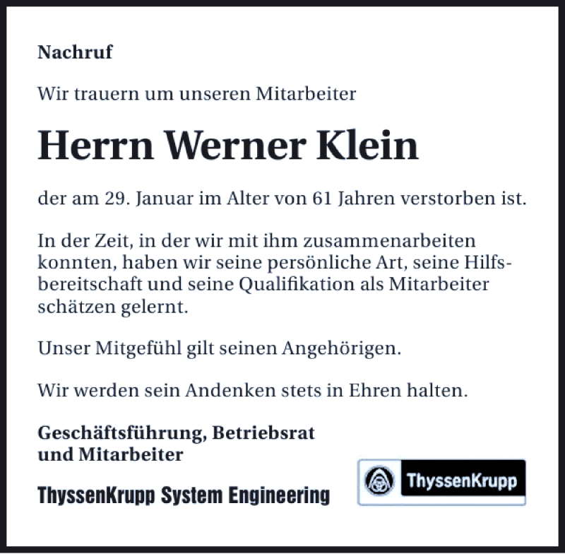  Traueranzeige für Werner Klein vom 06.02.2014 aus 
