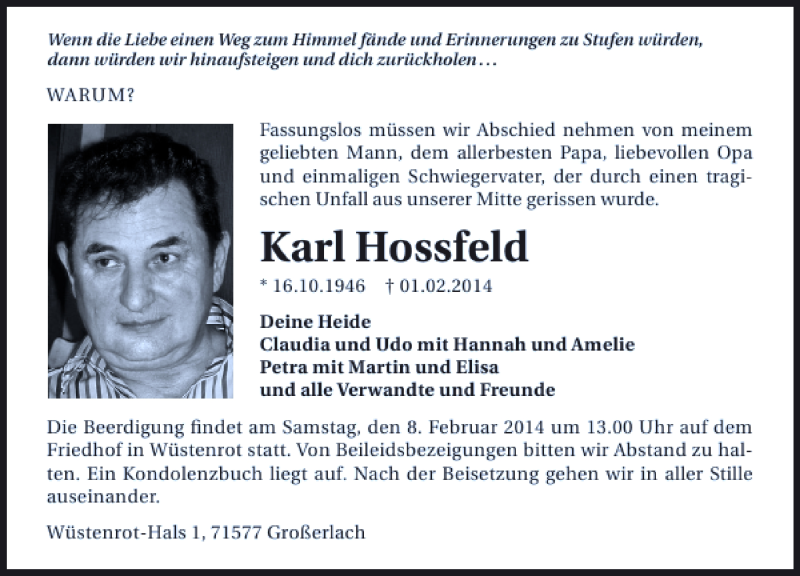  Traueranzeige für Karl Hossfeld vom 06.02.2014 aus 