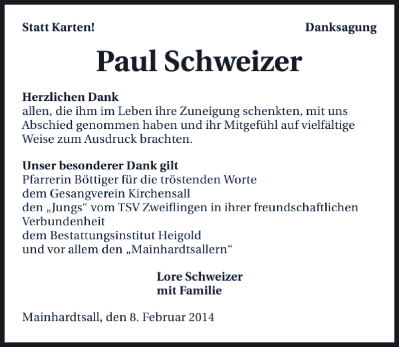  Traueranzeige für Paul Schweizer vom 08.02.2014 aus 