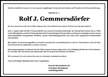 Traueranzeige von Rolf J. Firmennachruf Gemmersdörfer 