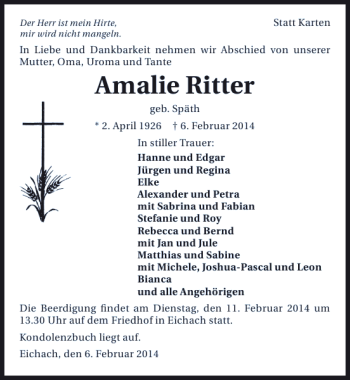 Traueranzeige von Amalie Ritter 