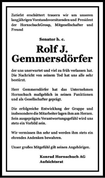 Traueranzeige von Rolf J. Aufsichtsrat Gemmersdörfer 