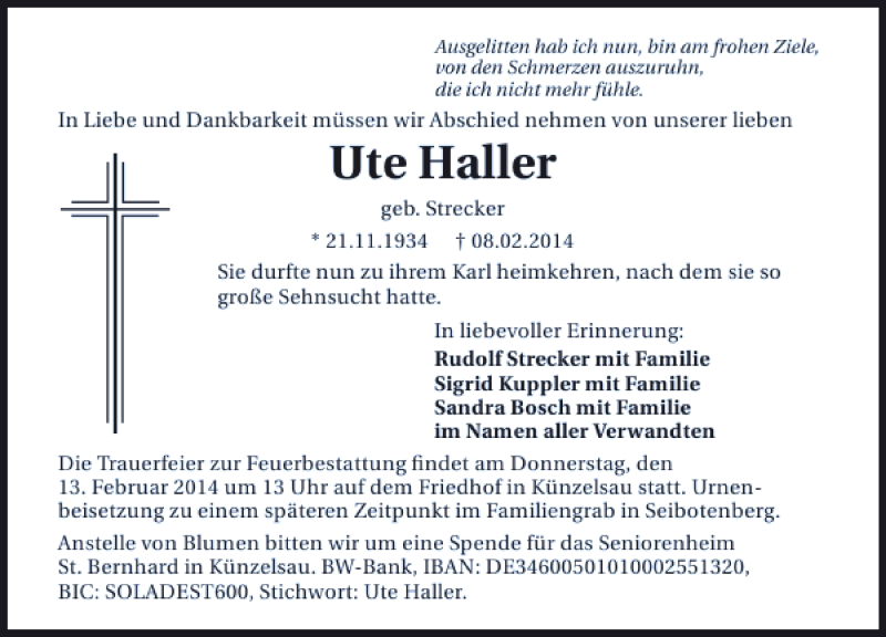  Traueranzeige für Ute Haller vom 11.02.2014 aus 