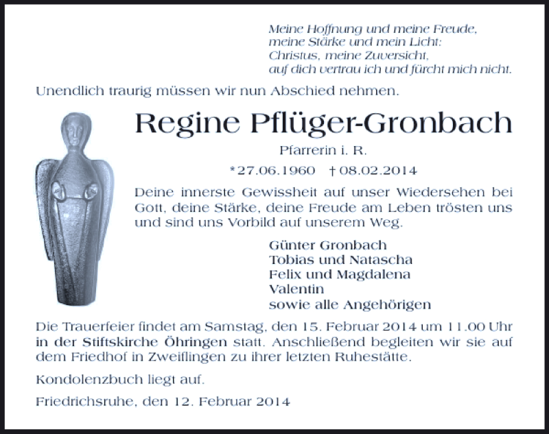  Traueranzeige für Regine Pflüger-Gronbach vom 12.02.2014 aus 