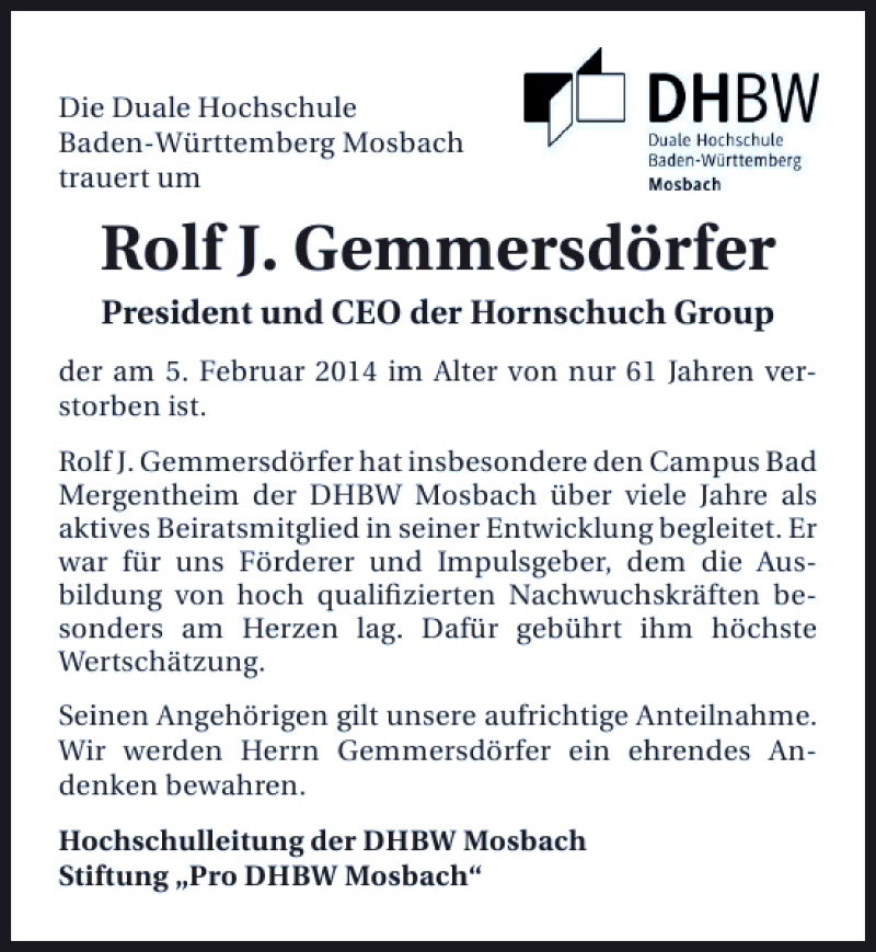  Traueranzeige für Rolf J. Gemmersdörfer vom 12.02.2014 aus 