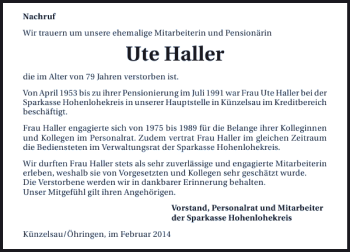 Traueranzeige von Ute Haller 