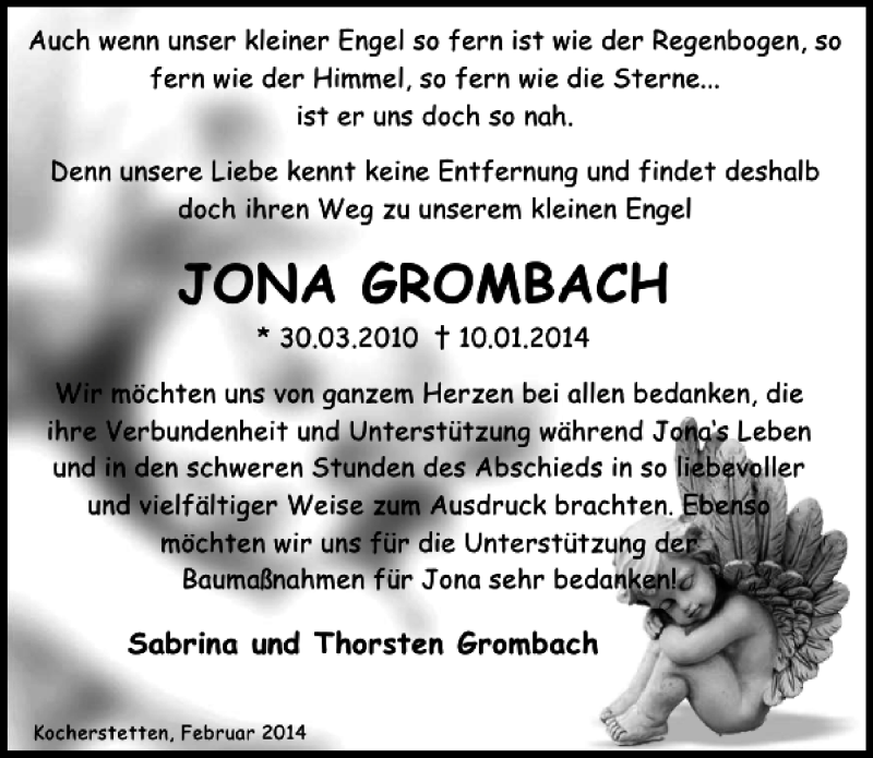  Traueranzeige für Jona Grombach vom 15.02.2014 aus 