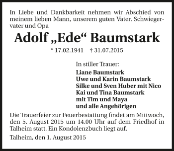 Traueranzeige von Adolf Baumstark 
