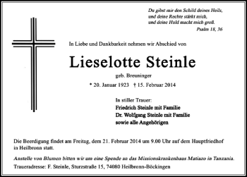 Traueranzeige von Lieselotte Steinle 