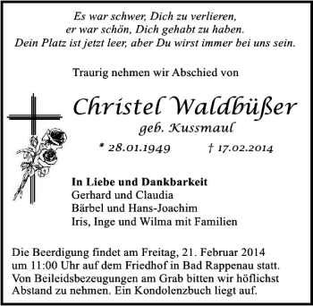Traueranzeige von Christel Waldbüßer 