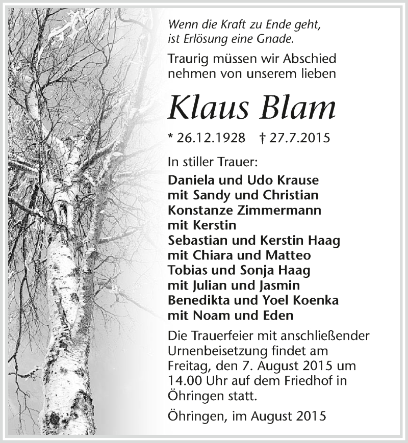  Traueranzeige für Klaus Blam vom 04.08.2015 aus 