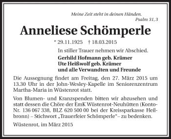 Traueranzeige von Anneliese Schömperle 