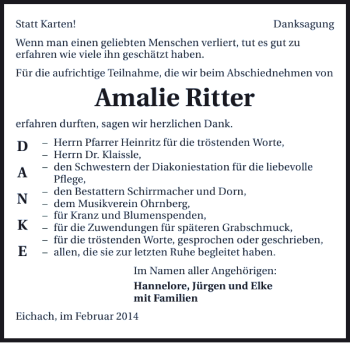 Traueranzeige von Amalie Ritter 