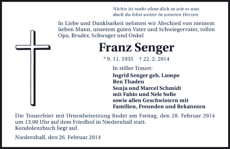  Traueranzeige für Franz Senger vom 26.02.2014 aus 