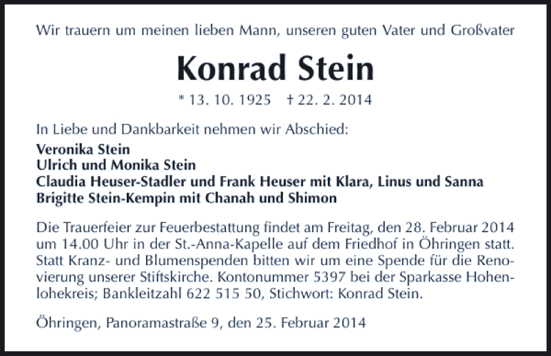  Traueranzeige für Konrad Stein vom 26.02.2014 aus 