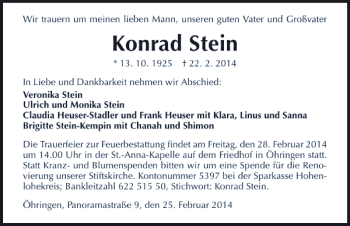 Traueranzeige von Konrad Stein 