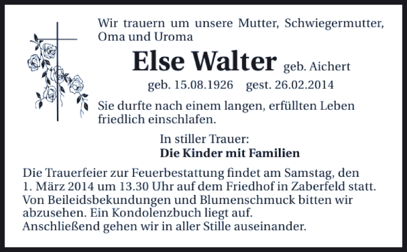  Traueranzeige für Else Walter vom 28.02.2014 aus 
