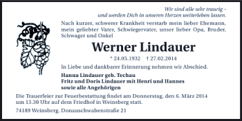 Traueranzeige von Werner Lindauer 