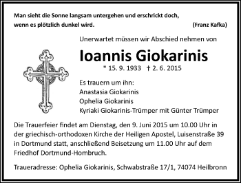 Traueranzeige von Ioannis Giokarinis 