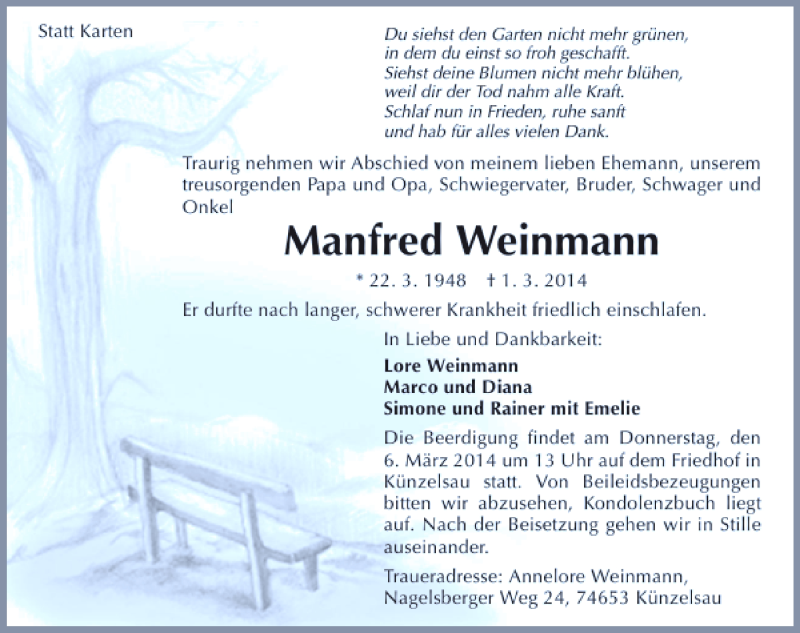  Traueranzeige für Manfred Weinmann vom 04.03.2014 aus 