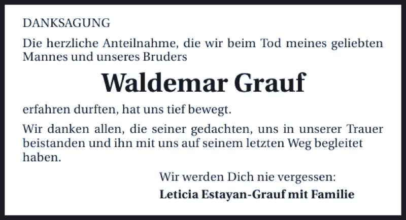  Traueranzeige für Waldemar Grauf vom 05.03.2014 aus 