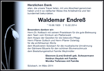 Traueranzeige von Waldemar Endreß 