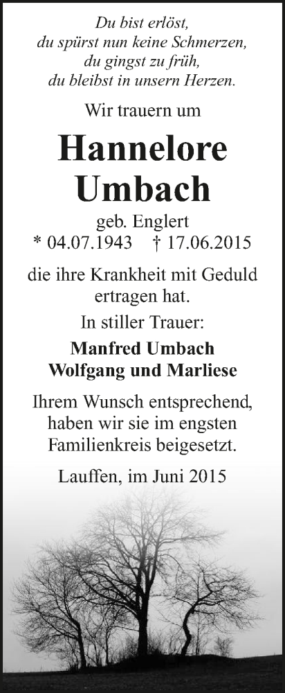  Traueranzeige für Hannelore Umbach vom 27.06.2015 aus 