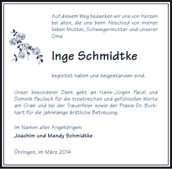 Traueranzeige von Inge Schmidtke 