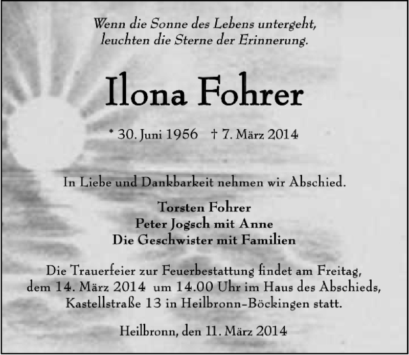  Traueranzeige für Ilona Fohrer vom 11.03.2014 aus 