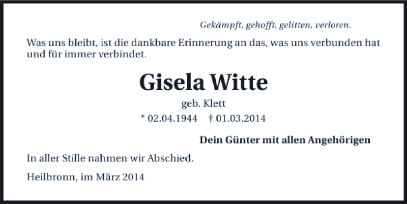  Traueranzeige für Gisela Witte vom 11.03.2014 aus 