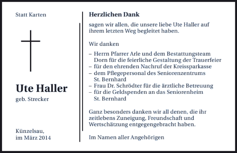  Traueranzeige für Ute Haller vom 14.03.2014 aus 