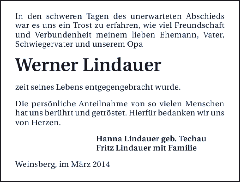 Traueranzeige für Werner Lindauer vom 14.03.2014 aus 