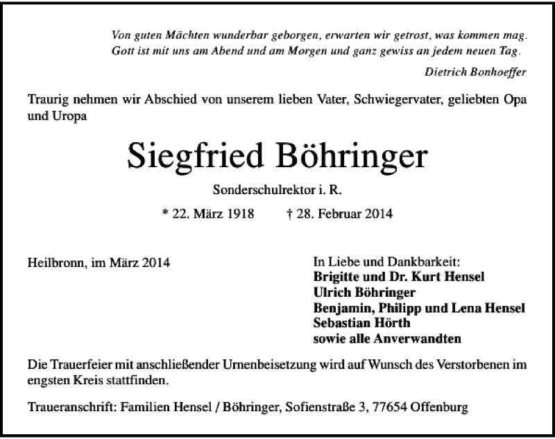  Traueranzeige für Siegfried Böhringer vom 15.03.2014 aus 