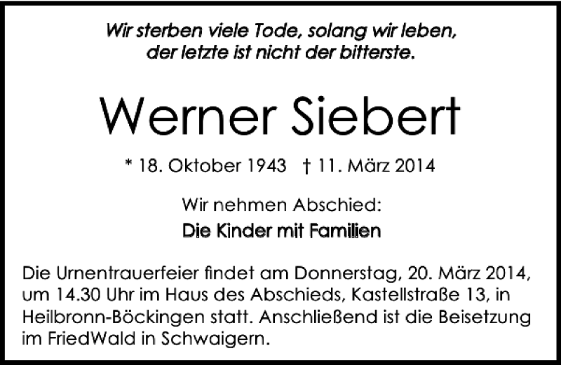  Traueranzeige für Werner Siebert vom 15.03.2014 aus 