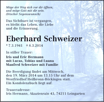 Traueranzeige von Eberhard Schweizer 
