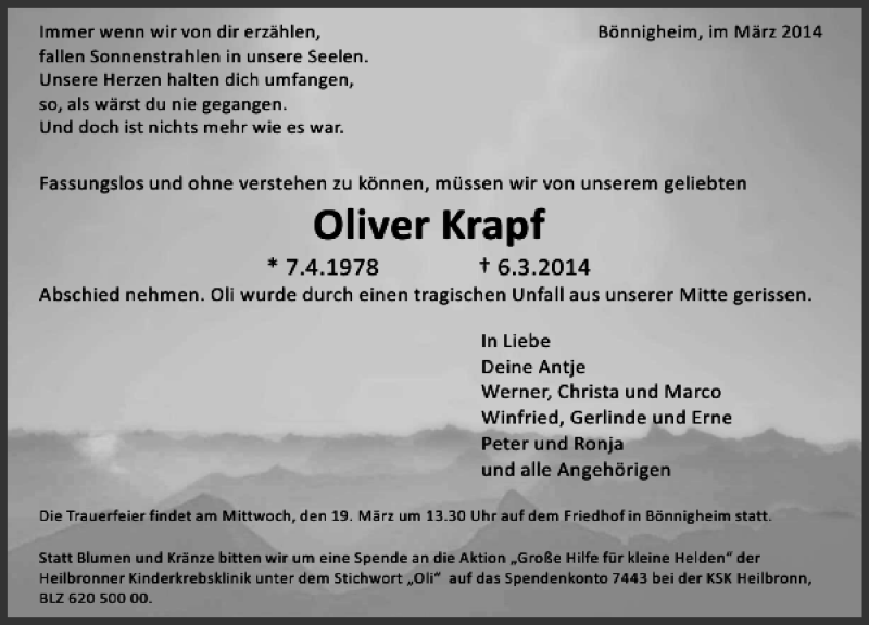  Traueranzeige für Oliver Krapf vom 17.03.2014 aus 