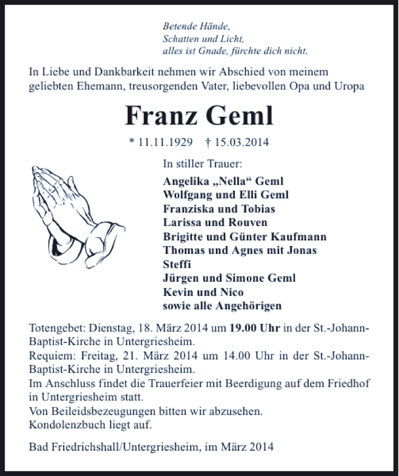  Traueranzeige für Franz Geml vom 18.03.2014 aus 