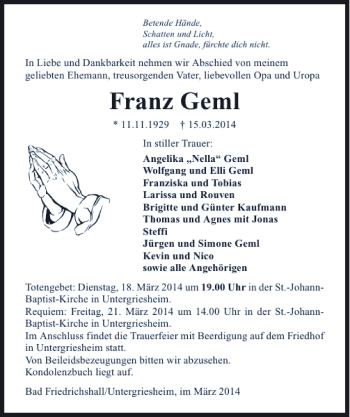 Traueranzeige von Franz Geml 