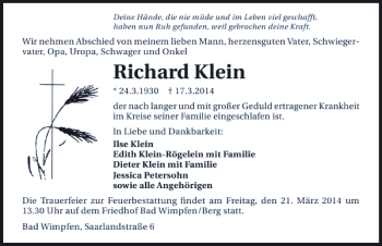Traueranzeige von Richard Klein 