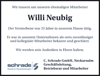 Traueranzeige von Willi Neubig 