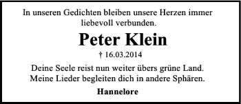 Traueranzeige von Peter Klein 