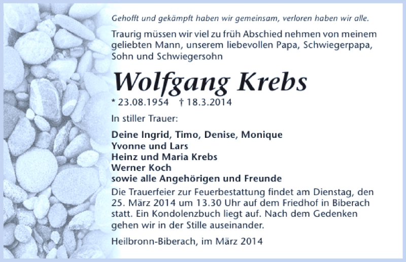  Traueranzeige für Wolfgang Krebs vom 20.03.2014 aus 