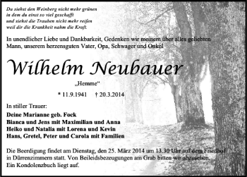 Traueranzeige von Wilhelm Neubauer 