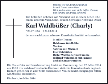 Traueranzeige von Karl Waldbüßer (Charly) 