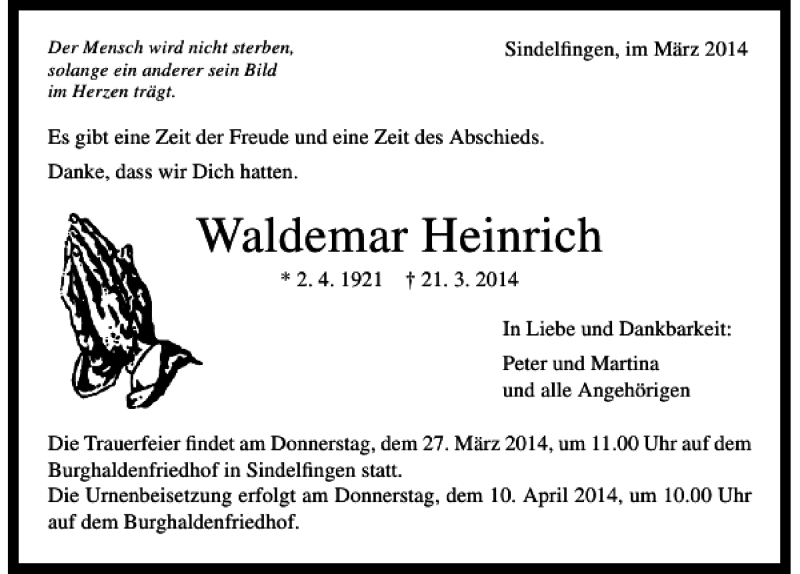  Traueranzeige für Heinrich Waldemar vom 25.03.2014 aus 